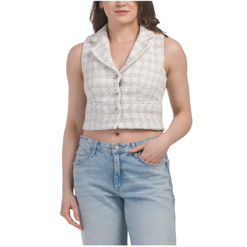Rachel Zoe Tweed Cropped Blazer‎ Vest White Gold Buttons Collarless Sleeveless
